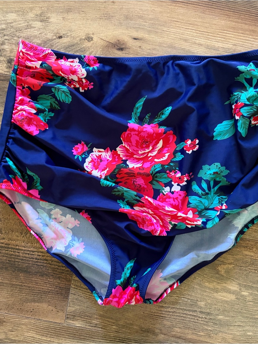 High-Waist Floral Bikini Bottoms in Navy and Pink